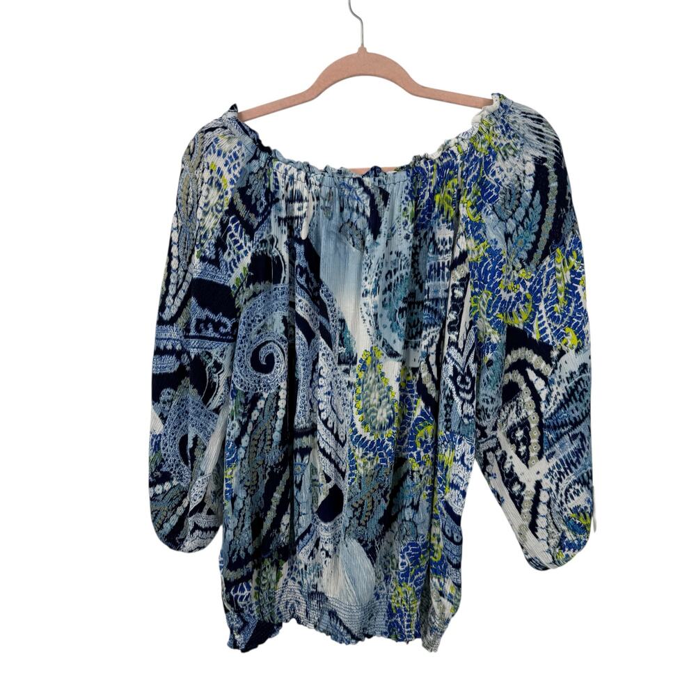 Desigual Off Shoulder Top Size XL Long Sleeves Blue Paisley Mediterranean Resort - Picture 5 of 14